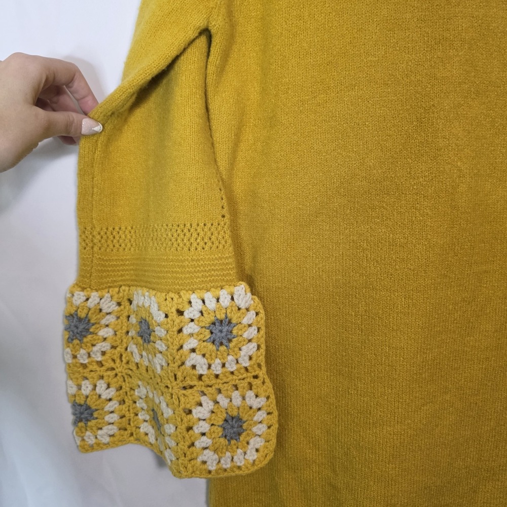 Yellow Crochet Hippie Bell Sleeve Knit Sweater Dress Cozy Cottagecore Boho M - Picture 5 of 11